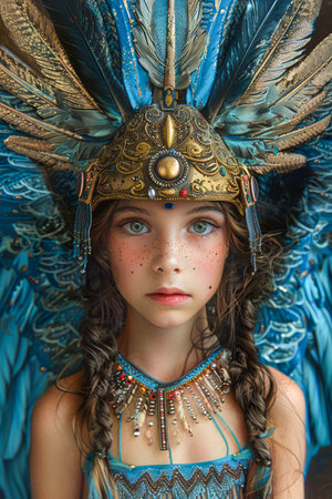 Portrait of a Young Girl in Elaborate Blue Feather Headdress and Tribal Make Up Looking Intently at the Camera AI Generativeの素材