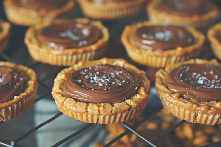Freshly Baked Chocolate Tartlets with Sprinkles on Cooling Rack in Artisan Bakery Close Up AI Generativeの素材
