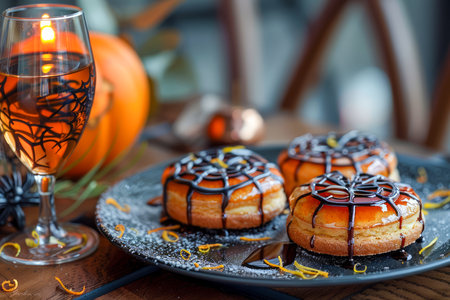 Festive Halloween Treats on a Plate with Decorative Pumpkin and Candlelight in a Cozy Autumn Setting AI Generativeの素材