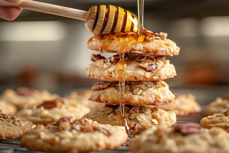 Drizzling Honey over Freshly Baked Pecan Cookies on Wooden Board in Well lit Kitchen AI Generativeの素材
