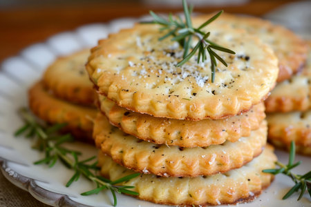 Golden Homemade Crackers Sprinkled with Salt and Rosemary on a Plate AI Generativeの素材