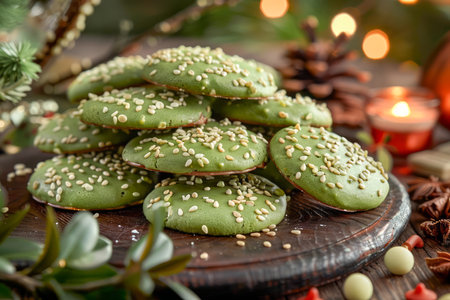 Homemade Festive Green Matcha Tea Cookies with White Sesame Seeds on a Rustic Wooden Board with Christmas Decorations AI Generativeの素材