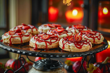 Festive Homemade Christmas Cookies with Red Glaze Drizzle on Decorative Stand in Cozy Atmosphere AI Generativeの素材