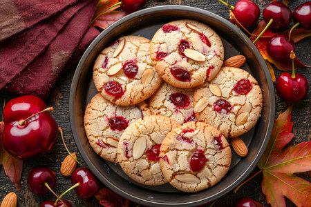 Freshly Baked Almond Cherry Cookies in Ceramic Plate on Rustic Table with Autumn Leaves AI Generativeの素材
