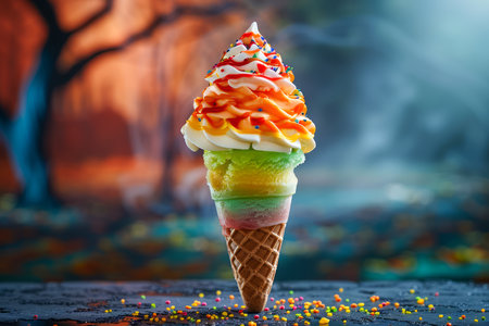 Colorful Rainbow Soft Serve Ice Cream Cone with Topping Sprinkles and Syrup in Whimsical Outdoor Setting AI Generativeの素材