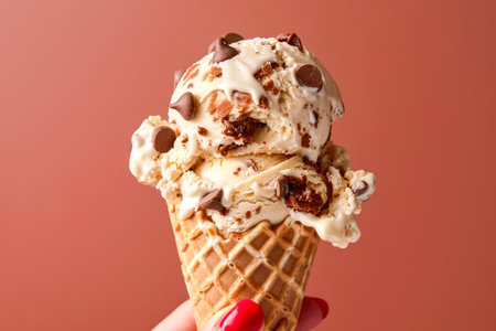 Delicious Chocolate Chip Ice Cream Cone Held in Hand with Red Nail Polish against a Warm Pink Background AI Generativeの素材