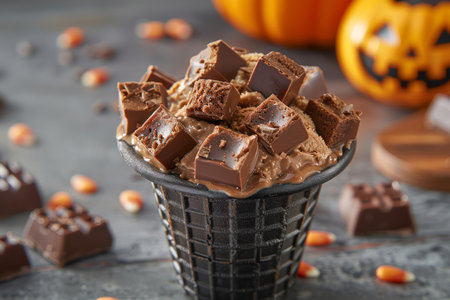 Delicious Cubed Chocolate Pieces in Black Cone with Pumpkin and Candy Corn for Halloween Treat AI Generativeの素材