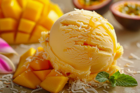 Refreshing Mango Ice Cream Scoop Served with Fresh Mango Pieces on Rustic Wooden Table for Summer Treat AI Generativeの素材