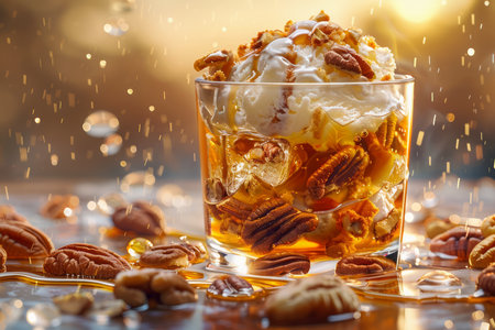 Golden Caramel Ice Cream Sundae with Pecan Toppings and Sparkling Background in Elegant Glass AI Generativeの素材