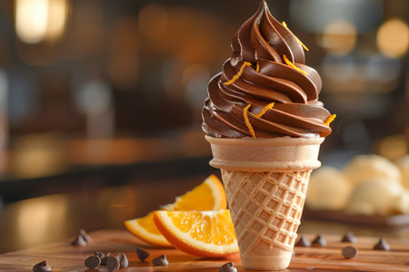 Delicious Chocolate and Vanilla Soft Serve Ice Cream Cone with Orange Slices and Coffee Beans on a Wooden Table AI Generativeの素材