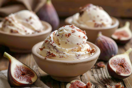 Gourmet Fresh Fig Ice Cream in Rustic Ceramic Bowl on Wooden Table, Artisanal Dessert Concept, Rich Flavor Treat AI Generativeの素材