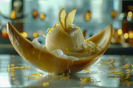 Exquisite Gourmet Lemon Gelato in Elegant Glass Dessert Bowl, Artisanal Ice Cream with Zest Garnish on Modern Cafeteria Counter AI Generativeの素材