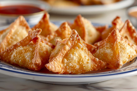 Close Up of Delicious Golden Fried Wontons on Plate with Dipping Sauce in Background on Wooden Table AI Generativeの素材