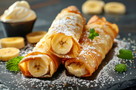 Delicious Golden Brown Banana filled Pastries Sprinkled with Powdered Sugar on Dark Table AI Generativeの素材