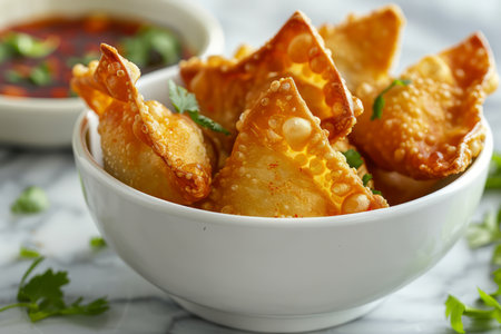 Delicious Golden Brown Fried Samosas in Bowl with Fresh Cilantro and Dipping Sauce on Marble Surface AI Generativeの素材