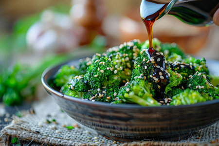 Fresh Homemade Asian Inspired Sesame Broccoli Salad Drizzled with Soy Sauce on Rustic Kitchen Table AI Generativeの素材
