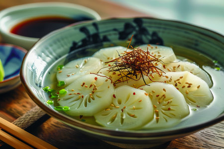 Traditional Asian Rice Cake Dish with Spicy Seasoning and Soy Sauce on Wooden Table AI Generativeの素材