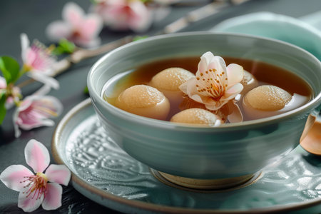 Tranquil Spring Tea Setting with Blooming Cherry Blossoms and Sweet Marinated Fruits in Elegant Porcelain Cup AI Generativeの素材