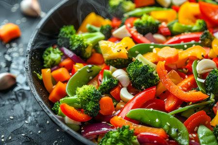 Vibrant Stir Fried Mixed Vegetables in Skillet with Garlic and Seasoning Healthy Vegan Meal Cooking Closeup AI Generativeの素材
