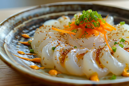 Fresh Delicious Scallop Sashimi Plate with Garnish Close up on Wooden Table Japanese Cuisine Concept AI Generativeの素材
