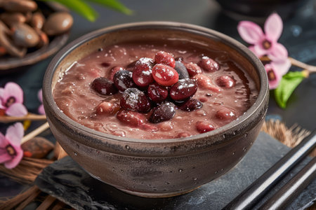 Traditional Sweet Red Bean Soup with Mochi in Ceramic Bowl on Dark Slate Tabletop with Orchid Decorations AI Generativeの素材