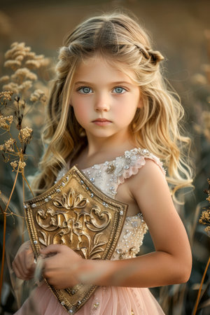 Enchanting Young Girl in Elegant Dress Holding Vintage Mirror in a Golden Field at Sunset AI Generativeの素材