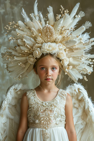 Angelic Young Girl with Elaborate Headdress and Wings in Ethereal Setting AI Generativeの素材