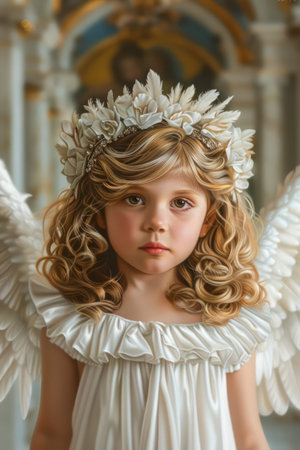 Angelic Child with Golden Curls and Feathered Wings in Ethereal White Dress Against Ornate Interior Background AI Generativeの素材