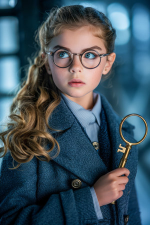 Curious Young Girl in Glasses Holding a Golden Key with an Inquisitive Expression in a Mystical Library Setting AI Generativeの素材