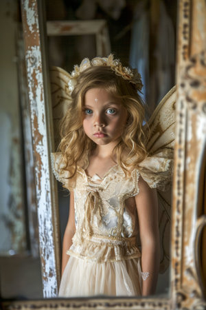 Enchanting Young Girl in Fairy Costume with Angel Wings Looking at Reflection in Vintage Mirror AI Generativeの素材
