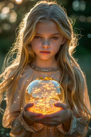 Enchanting Young Girl Holding a Glowing Orb with Sparkles in a Magical Forest Setting at Sunset AI Generativeの素材