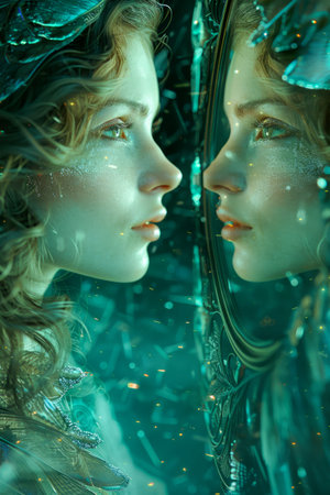 Enchanted Underwater Dream Ethereal Woman with Reflective Aquatic Motifs in a Surreal Blue World AI Generativeの素材