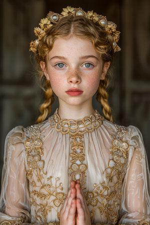 Young Girl in Elegant Vintage Dress with Braided Hair and Flower Crown Posing Artistically Indoors AI Generativeの素材