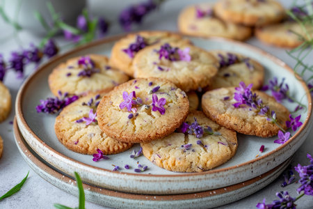 Fresh Homemade Lavender Cookies on Rustic Ceramic Plate with Purple Flowers Decoration AI Generativeの素材