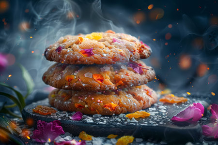 Delicious Homemade Sugar Cookies with Edible Flowers and Sparkling Sugar on Dark Rustic Background with Magical Bokeh Effects AI Generativeの素材