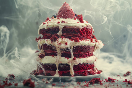 Delectable Red Velvet Cake with Creamy Frosting on Elegant Plate in a Misty Atmosphere AI Generativeの素材