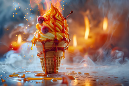 Enchanting Fantasy Ice Cream Cone with Magical Fire Background and Sparkling Effects in a Whimsical Dreamy Setting AI Generativeの素材