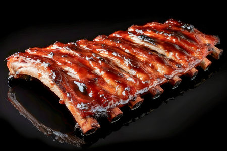 Juicy Barbecued Pork Ribs with Glaze on a Dark Background Perfect for Menu and Culinary Themes AI Generativeの素材