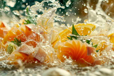 Fresh Citrus Fruits Splashing in Water with Dynamic Motion Vibrant Oranges and Lemons with Water Droplets AI Generativeの素材