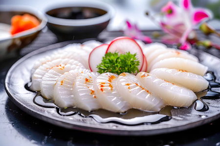 Fresh Sliced Sashimi Arrangement with Radish and Parsley on a Stylish Plate, Japanese Cuisine Concept for Gourmet Food Photography AI Generativeの素材