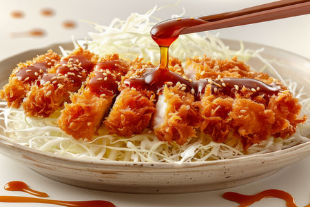 Crispy Breaded Chicken Cutlet with Shredded Cabbage and Drizzled Tonkatsu Sauce on White Plate AI Generativeの素材