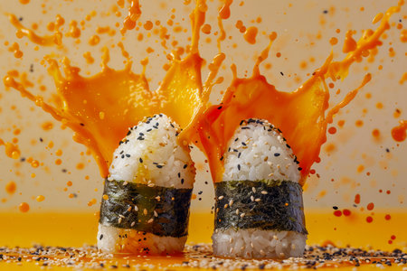 Explosive Sushi Splash with Vibrant Orange Juice Bursting Against a Yellow Background Dynamic Food Photography AI Generativeの素材