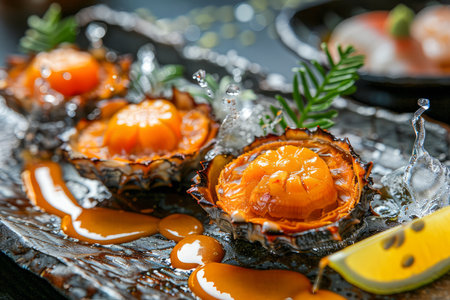 Fresh Sea Urchin Delicacy on Ice with Sea Splash and Yellow Knife on Dark Elegant Background, Gourmet Seafood Concept AI Generativeの素材