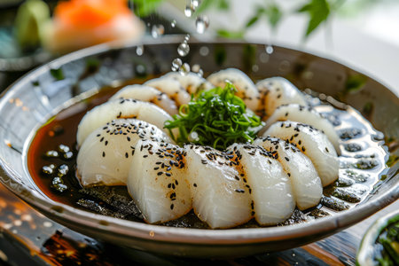 Fresh Sliced Rice Flour Dumplings Topped with Sesame Seeds and Green Onions with Splashing Sauce in a Ceramic Plate AI Generativeの素材