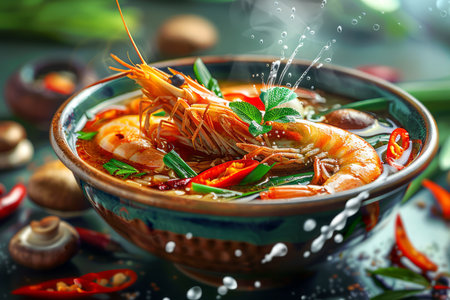 Authentic Spicy Shrimp Tom Yum Soup with Mushrooms and Herbs in Traditional Bowl with Steam AI Generativeの素材