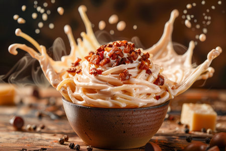 Delicious Spaghetti Bolognese with Cheese Splash in Wooden Bowl on Rustic Table, Italian Cuisine Concept AI Generativeの素材