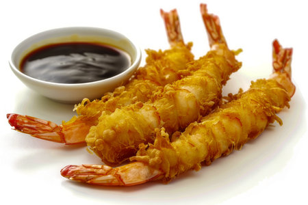 Crispy Fried Tempura Shrimp with Soy Sauce Dipping on a White Plate Isolated on White Background AI Generativeの素材