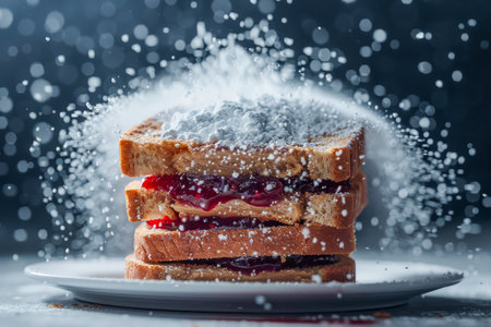 Delectable Powdered Sugar Falling onto Stacked Peanut Butter and Jelly Sandwich on Plate with Dark Background AI Generativeの素材