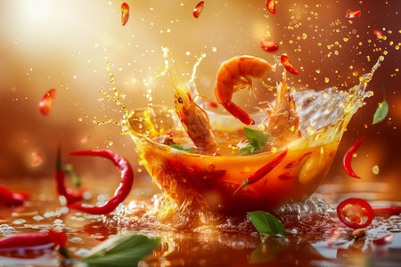 Dynamic Splash with Fresh Ingredients for Spicy Food, Citrus and Chili Peppers in Water Explosion AI Generativeの素材