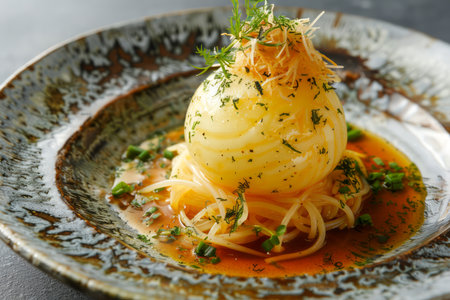 Exquisite Gourmet Spaghetti Nest with Herb Garnish on Artistic Ceramic Plate, Elegant Presentation of Italian Cuisine AI Generativeの素材